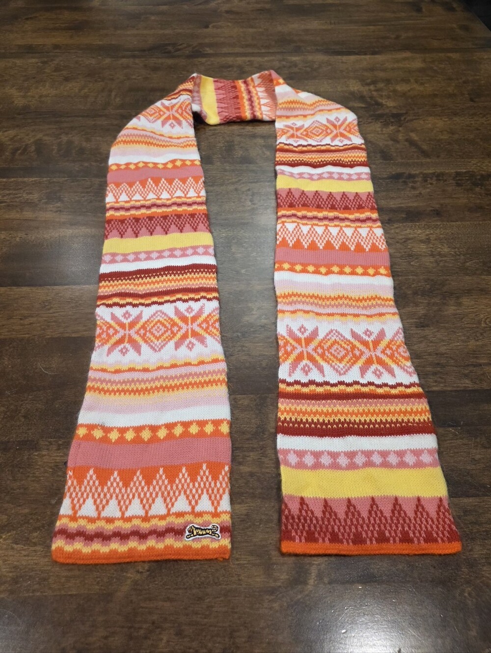 Le Tigre Multicolor Geometric Knit Scarf in Orange, Pink, Yellow 62"x5"